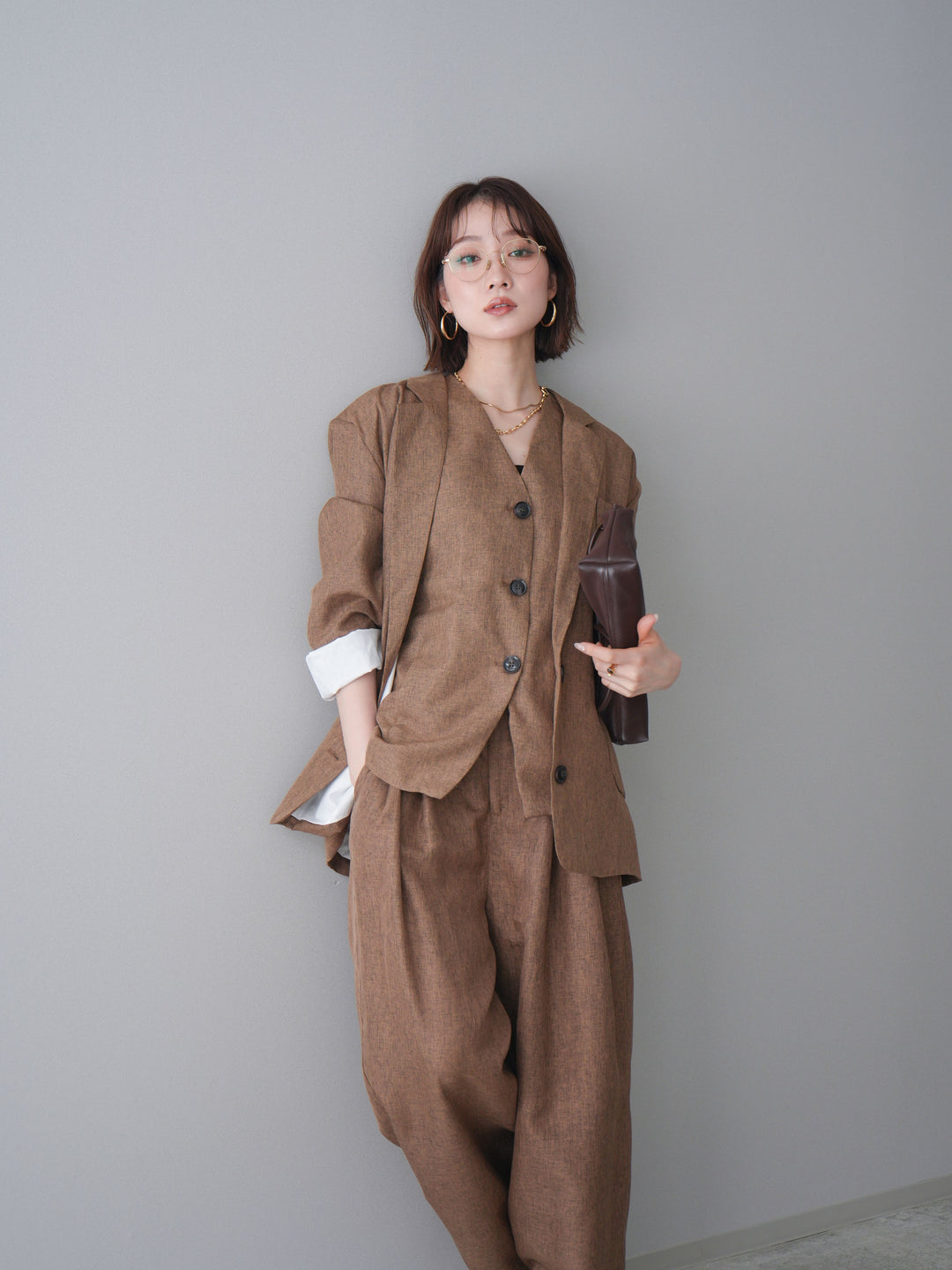 [SET]リネンライクテーラードジャケット+リネンライクバックオープンジレ+リネンライクタックワイドパンツ(3set)