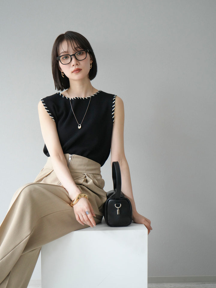 【預購】亞麻質感手縫針織套頭衫/黑色