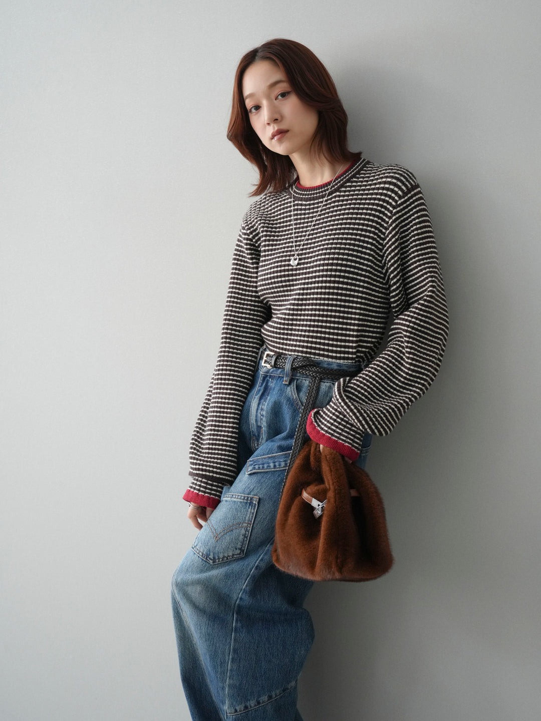 [SET]ラメ異素材ボーダーリブニットプルオーバー+ペインターカーブデニムパンツ(2set)