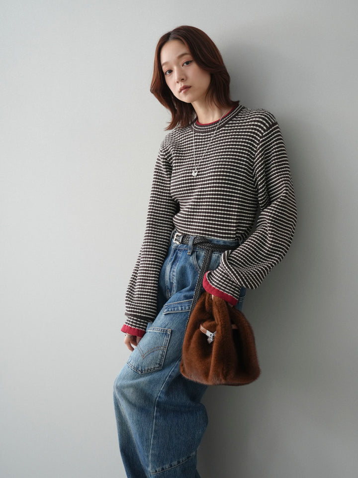[SET]ラメ異素材ボーダーリブニットプルオーバー+ペインターカーブデニムパンツ(2set)