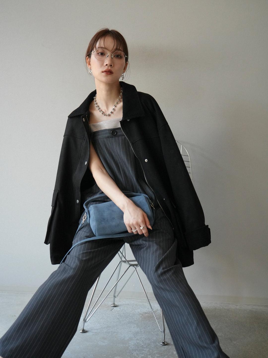 [予約]サテン切替ピンストライプサロペット/グレー