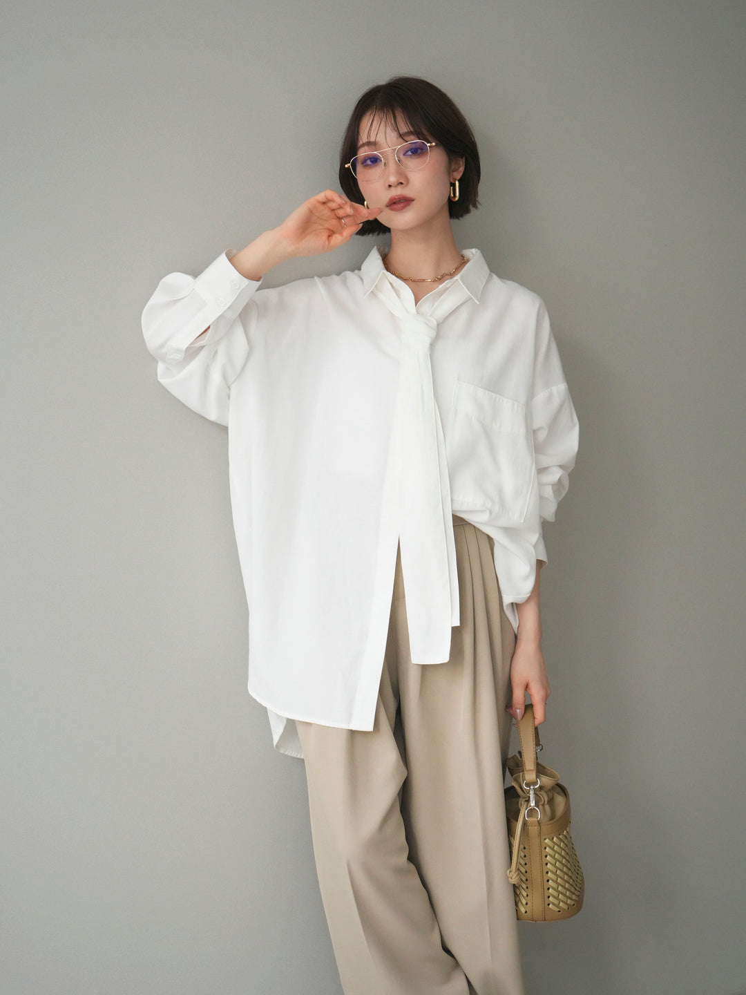 [予約]コットンライクボウタイオーバーシャツ/offwhite