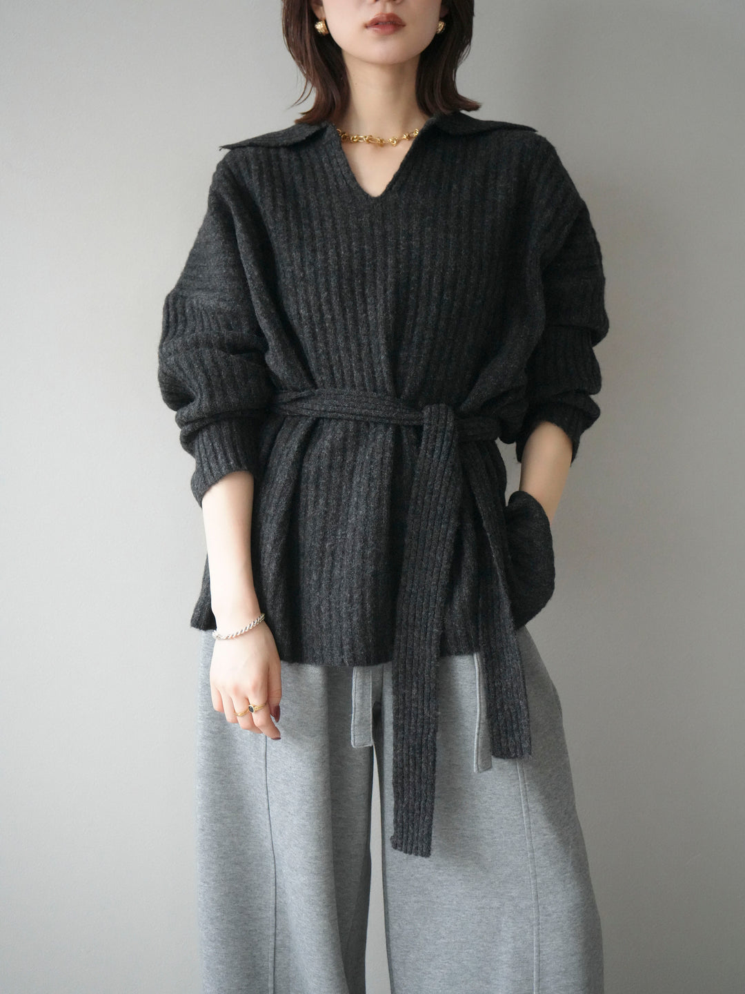 [予約]ワイドリブポロニットプルオーバー/darkgray