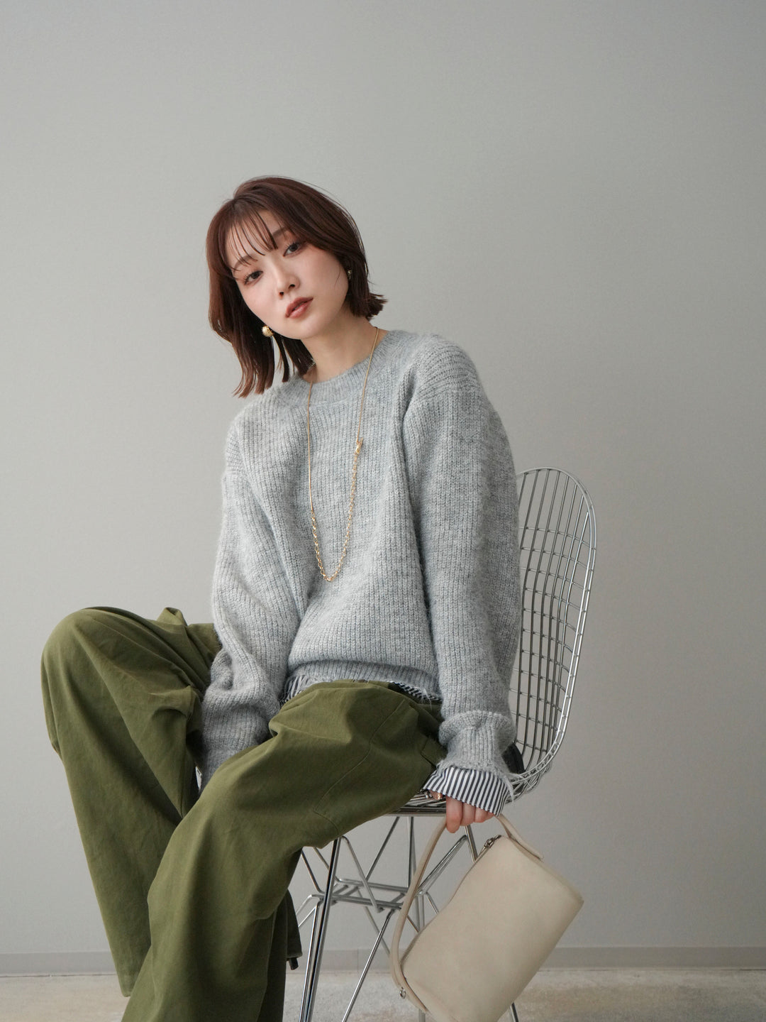 [予約]裾シャツレイヤードダメージニットプルオーバー/lightgrey