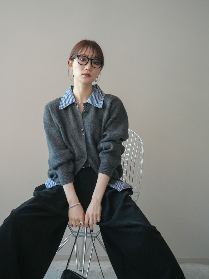 [SET]チェックシャツ襟ニットカーディガン+チェックシャツ襟ニットカーディガン(2set)