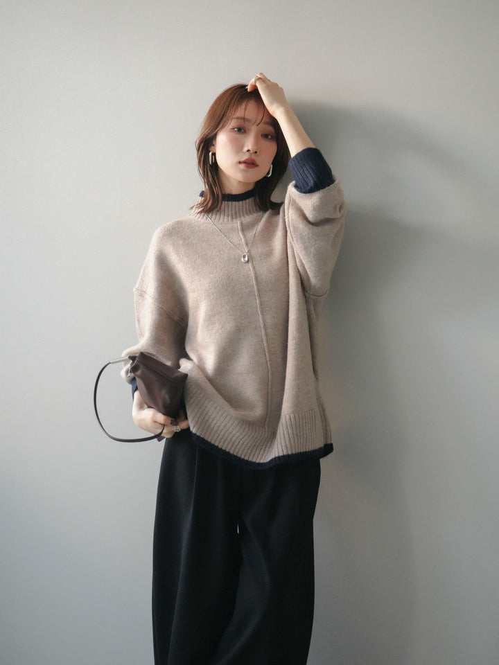 [予約]配色ハイネックニットプルオーバー/beigenavy