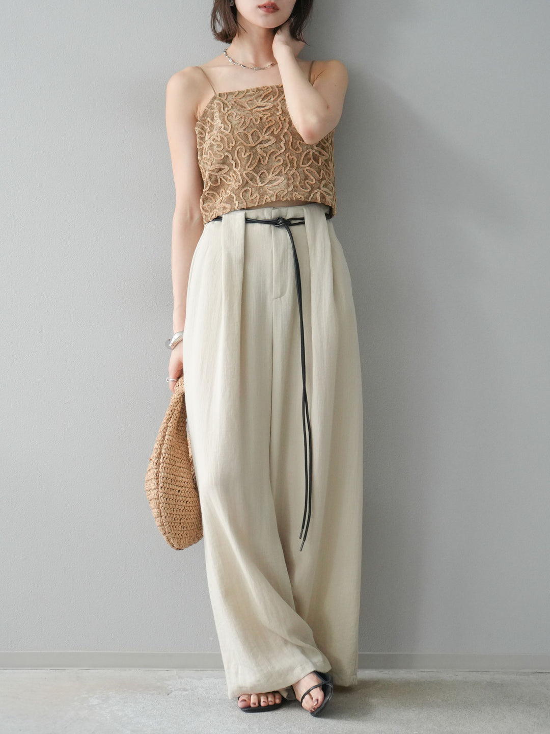 【預購】繩紋設計腰帶亞麻觸感寬褲/米色