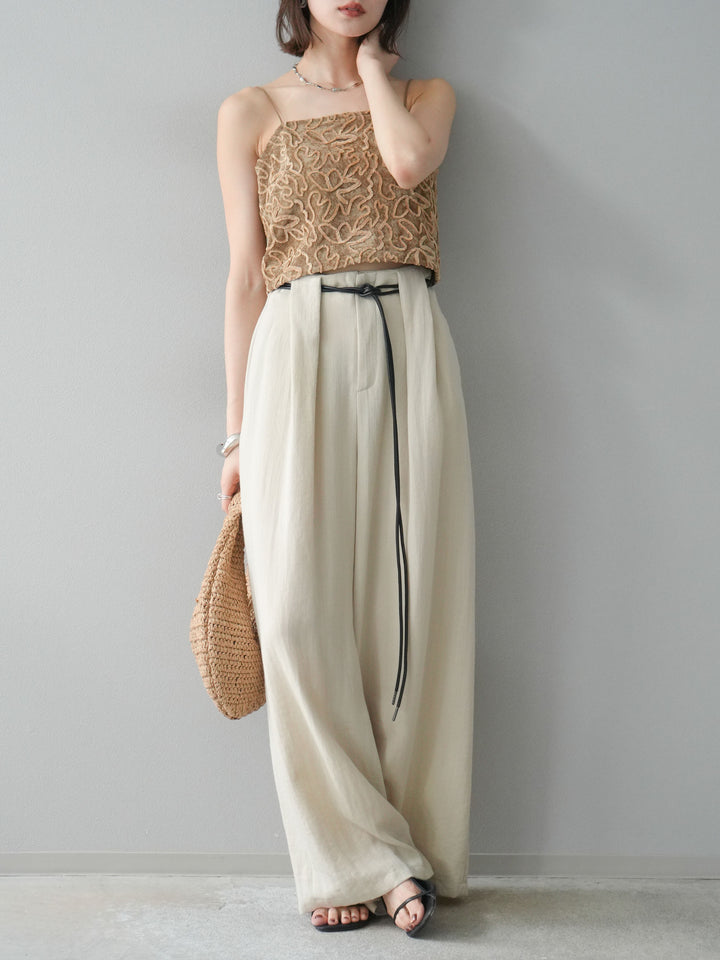 【預購】繩紋設計腰帶亞麻觸感寬褲/米色