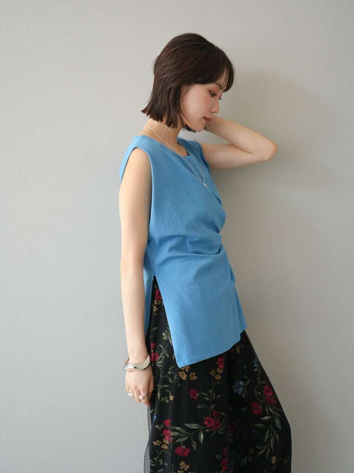 [SET] 側扭法式上衣+植物圖案休閒褲+繩繡薄紗疊穿褲（3件套裝）