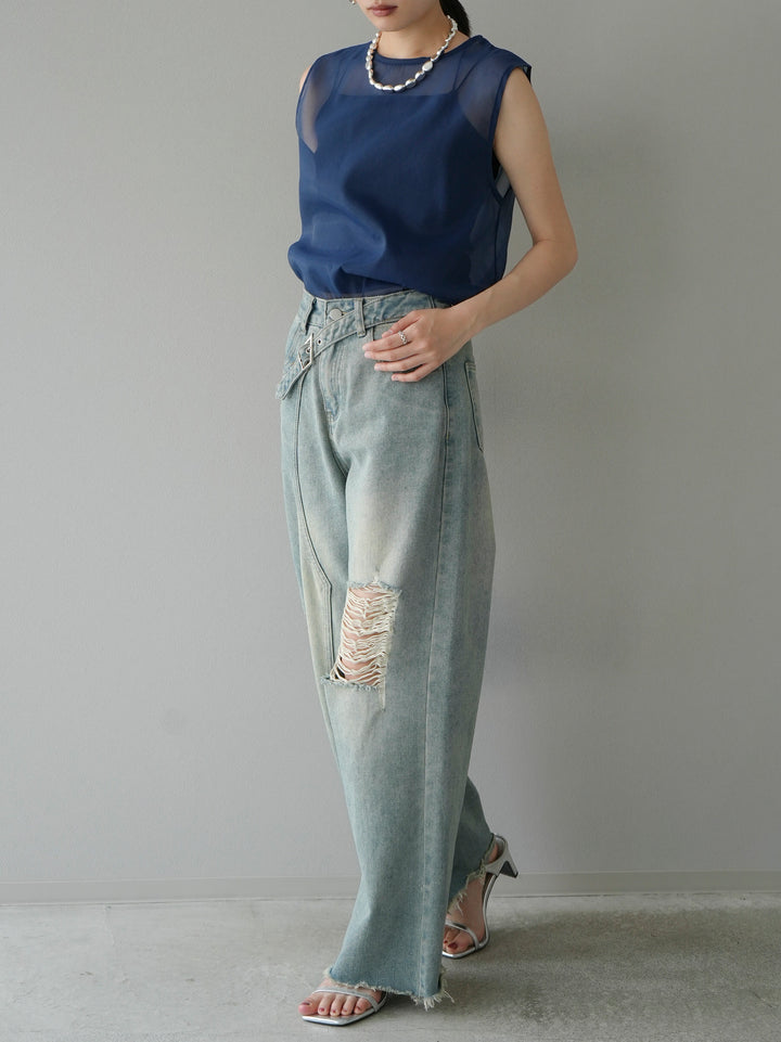 [SET] Organdy sleeveless top + belt asymmetrical damaged denim (2set)