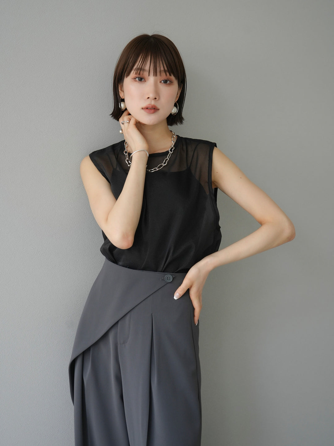 [SET] Organza sleeveless top + wrap wide pants (2set)