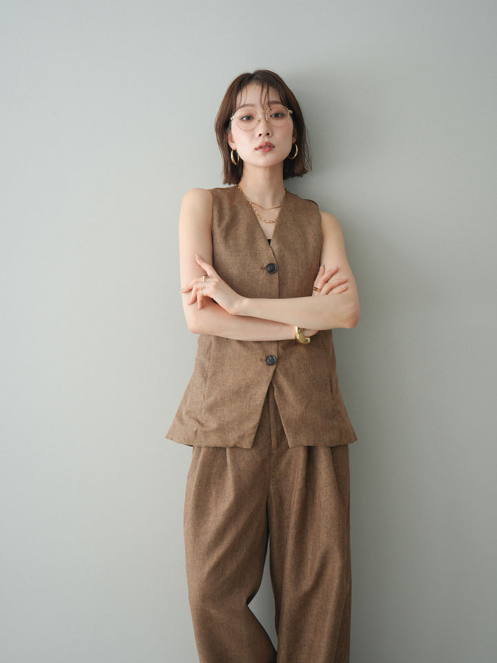 [SET]リネンライクバックオープンジレ+リネンライクタックワイドパンツ(2set)