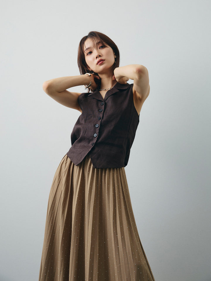 [予約]リネンライクテーラードジレ/ブラウン