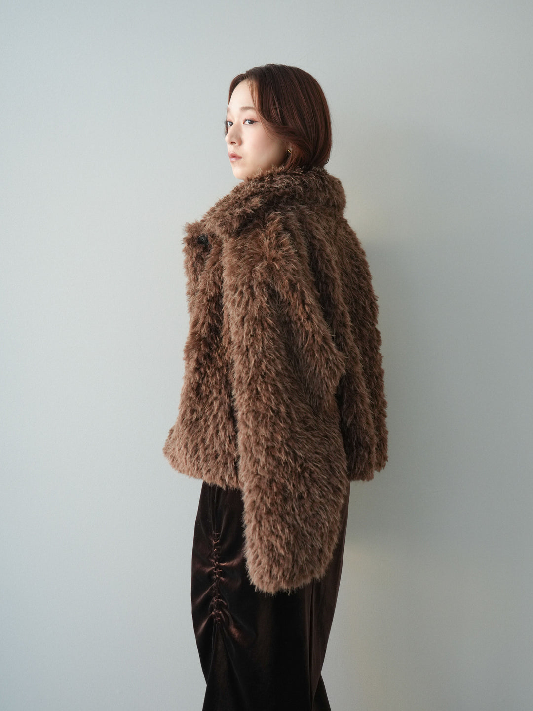 [SET]フェイクファー襟付きショートブルゾン+ギャザーベロアスカート(2set)