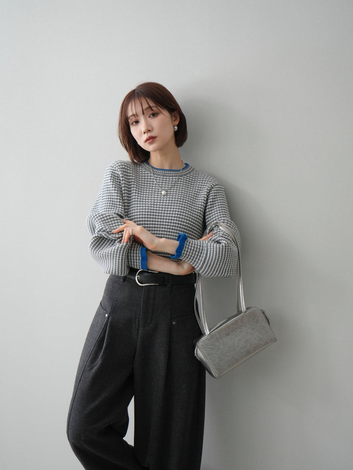 [予約]ラメ異素材ボーダーリブニットプルオーバー/charcoal×blue
