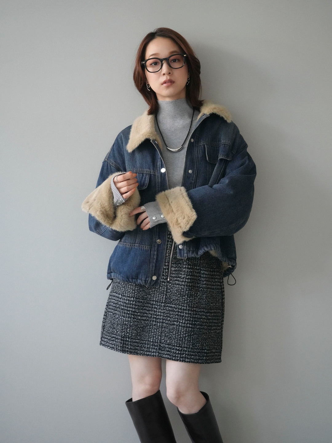 [予約]デニム×ファーステンカラーショートジャケット/blue