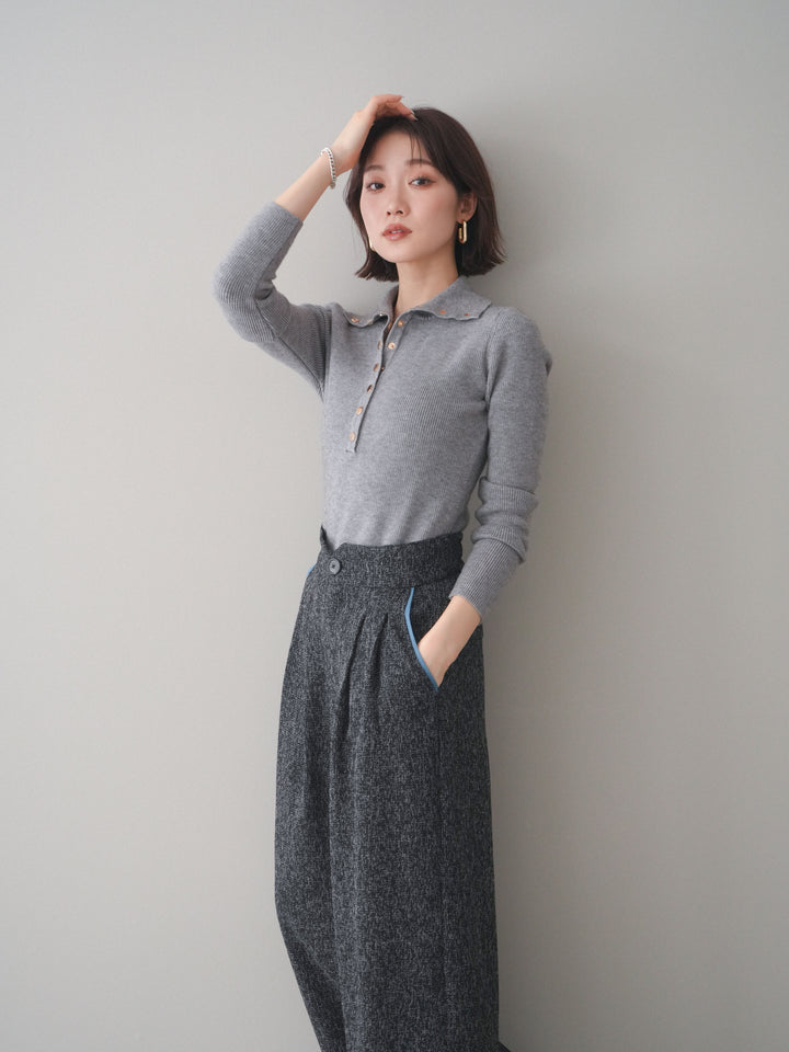 [予約]ゴールドボタンニュアンスタートルリブニットトップス/gray