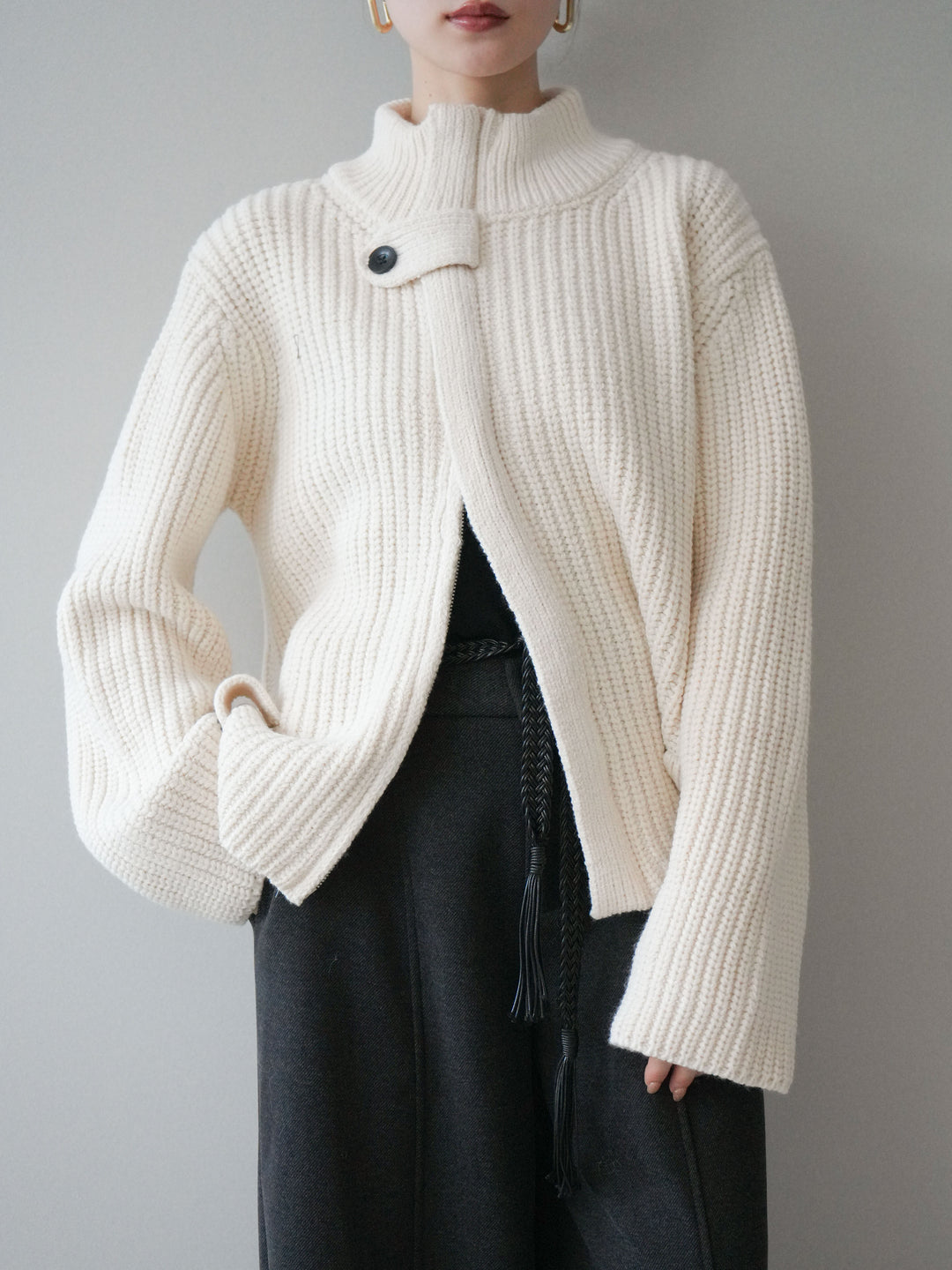 [SET]畦編みボトルネックZIPニットカーディガン+選べるアクセセット(2set)