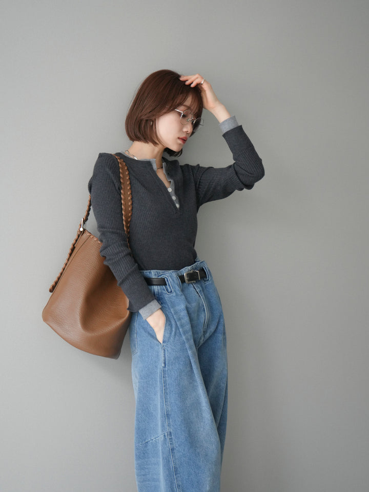 [SET]バイカラーキーネックリブニットトップス+ハイウエストベルトループデザインデニムパンツ(2set)