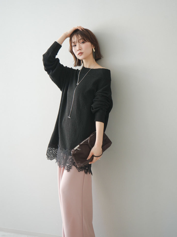 [SET]アシンメトリーレースヘムニットプルオーバー+ベルト付キーホルダーモチーフワイドパンツ(2set)
