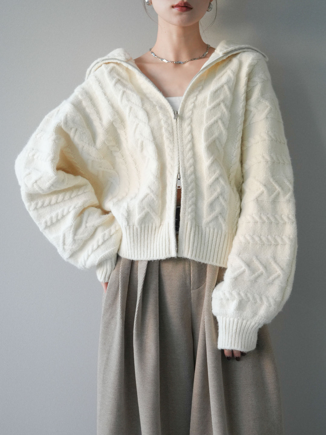 [SET]ケーブル編みハイネックZIPニットカーディガン+ベルトデザインループコールテンワイドパンツ(ベルト付き)(2set)