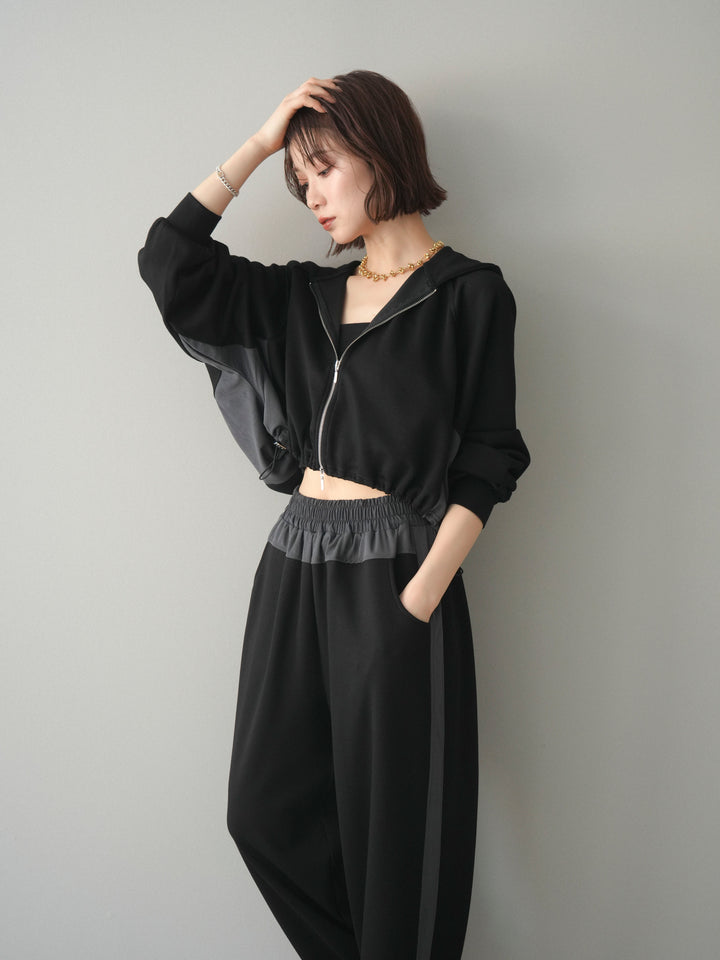 [予約]バイカラー異素材ライトポンチクロップドZIPフーディー/black