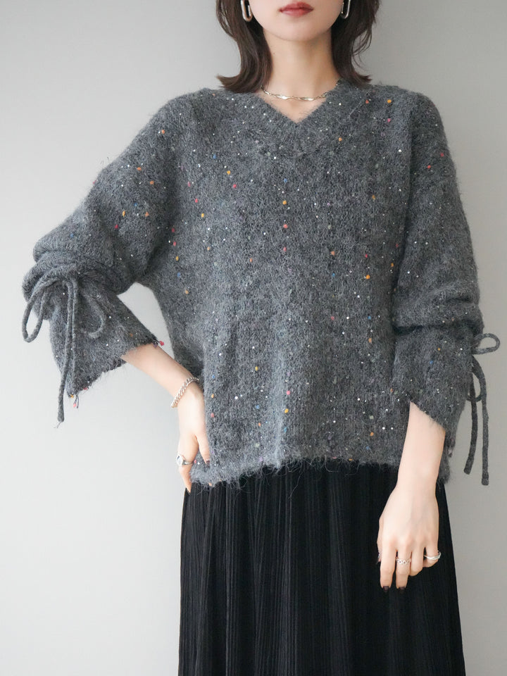 [SET]キャンディースリーブカラーネップスパンコールニットプルオーバー+裾レーススウェードプリーツマキシスカート(2set)