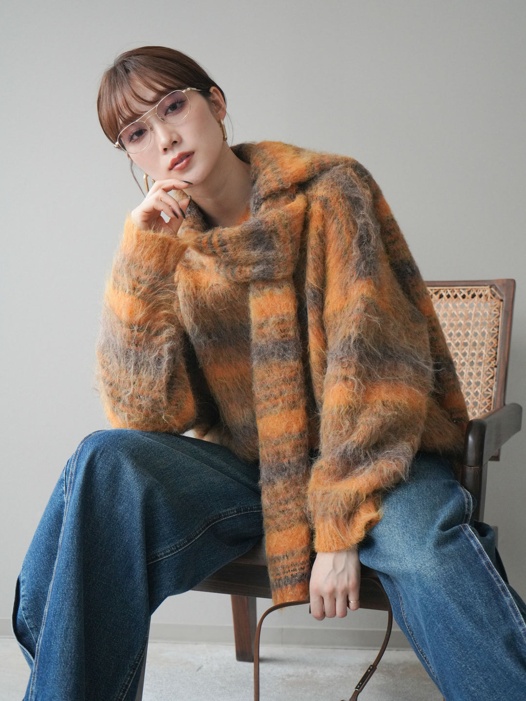 [予約]ストール付シャギーマルチボーダーニットプルオーバー/yellow