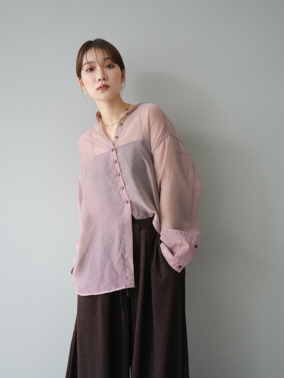 [SET] 亮面透視立領襯衫 + 柳葉寬褲 (2set)