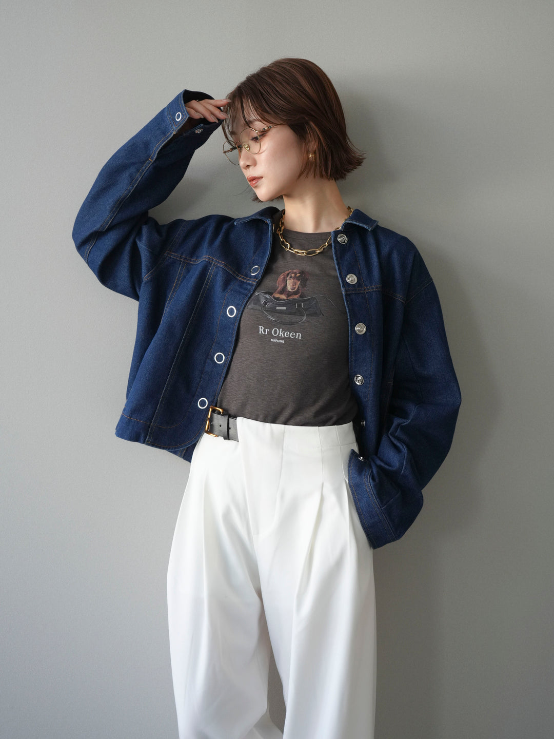 [SET]ラウンドカットコンパクトデニムジャケット+ドッグコンパクトTEE+アシンメトリーベルトタックワイドパンツ(3set)