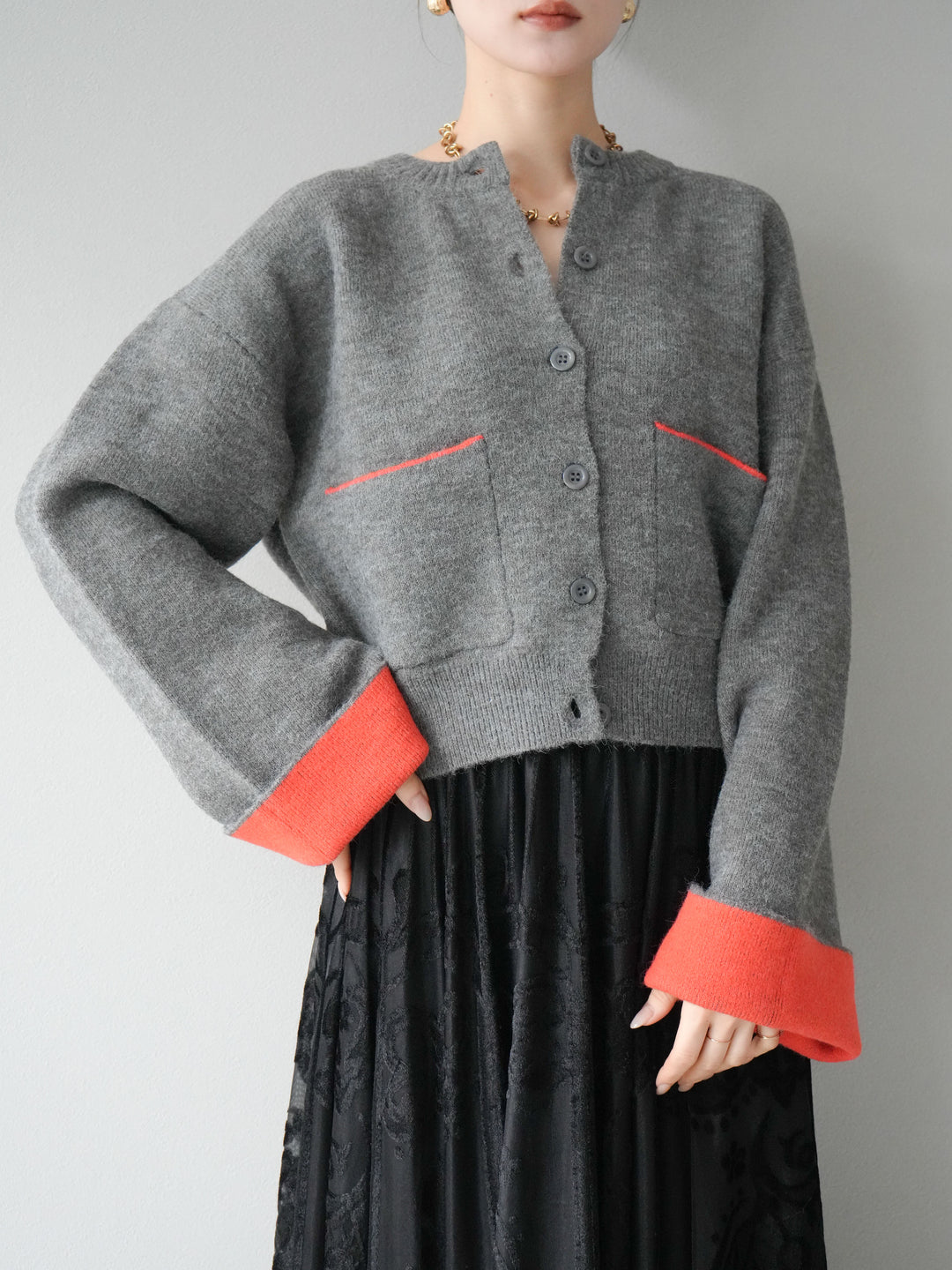 [SET]バイカラーオーバーニットカーディガン+アンティーク柄フロッキーマキシスカート(2set)