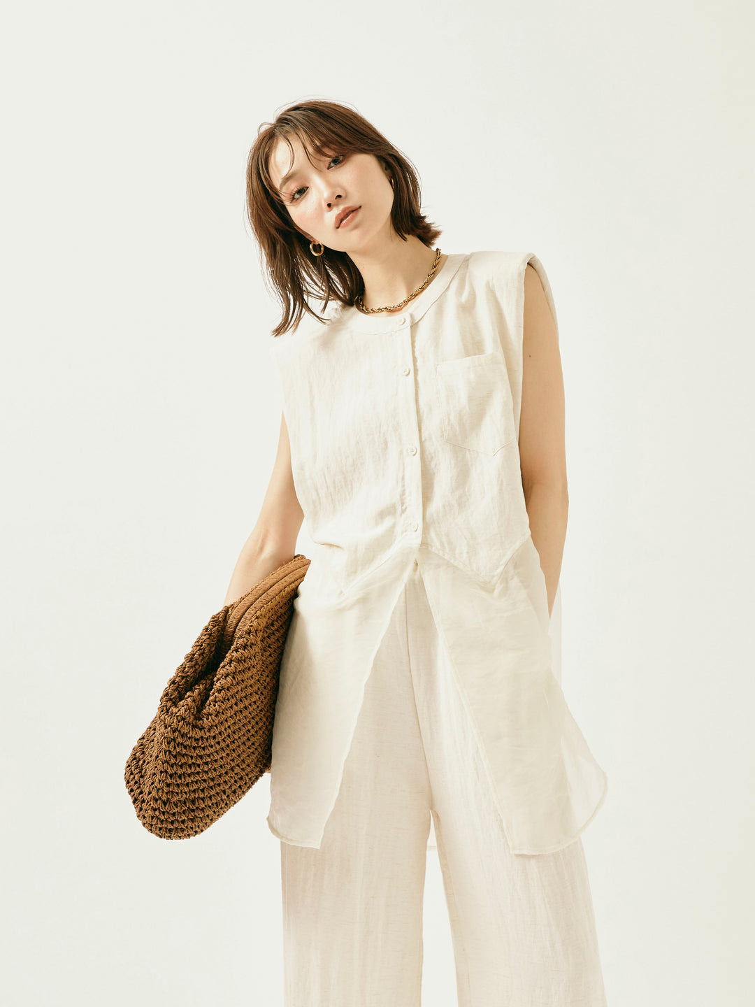 [SET]オーガンジーヘムブラウス＆ワイドパンツSET UP(2set)