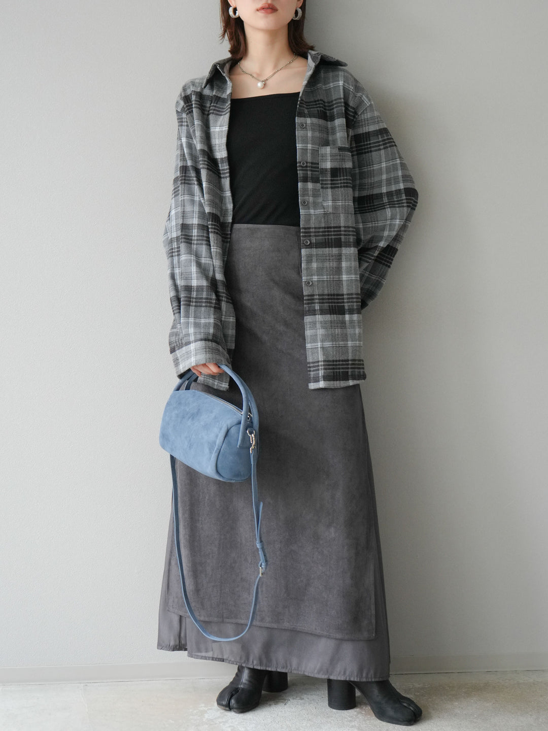 [予約]サイドスリットスウェードドッキングシフォンスカート/グレー