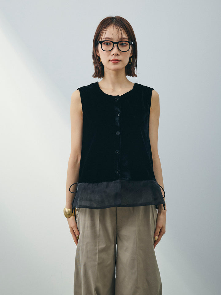 [予約]裾チュールベロアノースリーブプルオーバー/ブラック