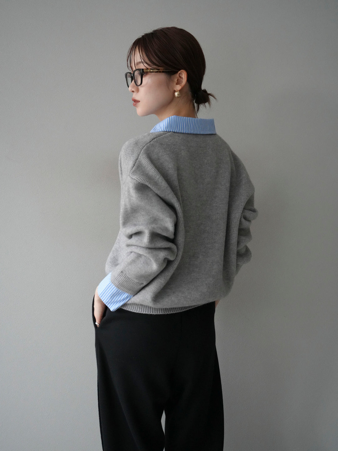 [SET]ストライプシャツレイヤードZIPニットカーディガン+選べるアクセセット(2set)