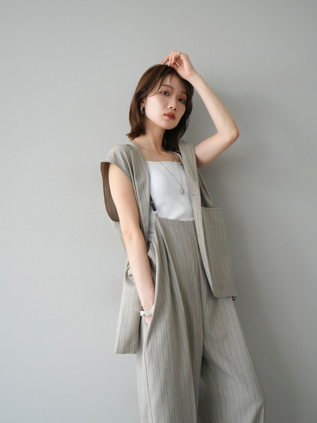 【着回しセット】[SET]ヘリンボーンストライプジレ+シアー切替ベロアトップス+ヘリンボーンストライプサロペット(3set)