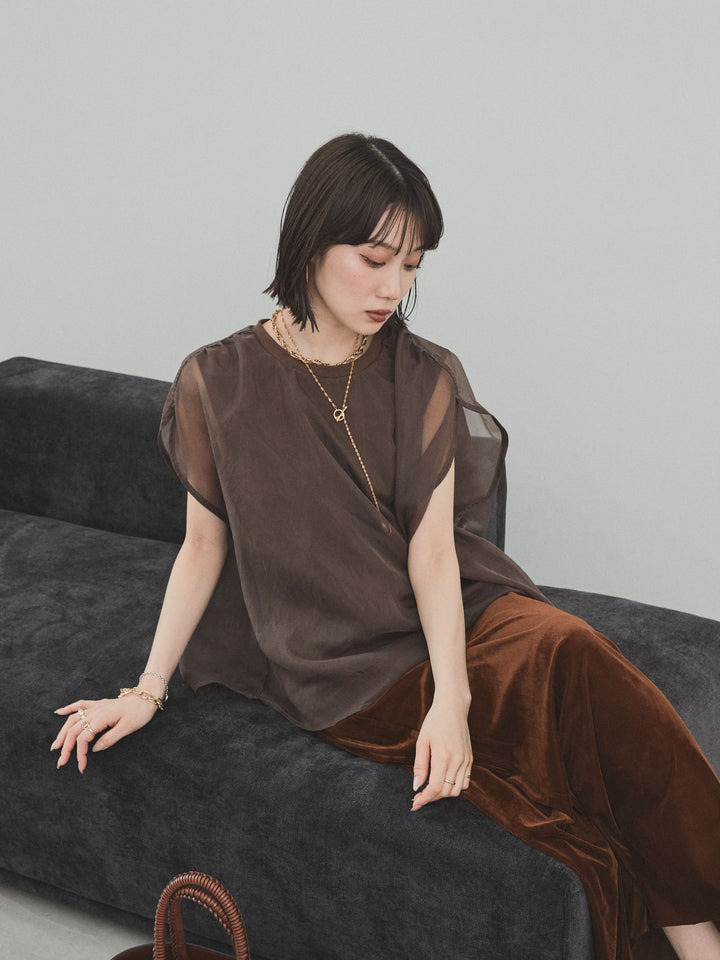 [SET] 緊湊光滑透視層疊上衣 + 天鵝絨低腰裙 (2set)