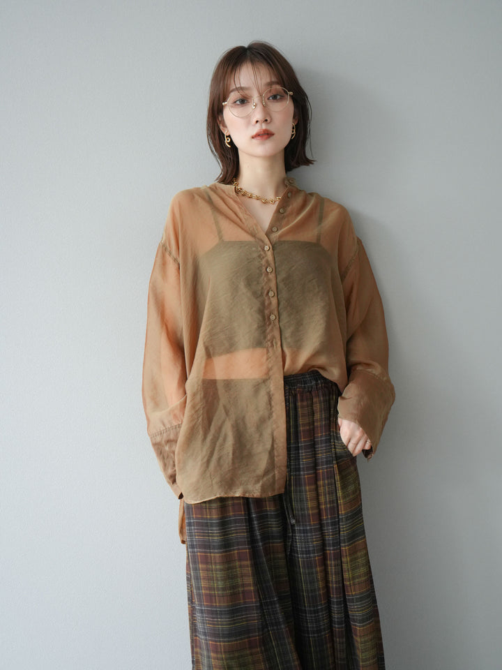 [SET] 亮面透視立領襯衫 + 透視格紋寬鬆褲 (2 件套)