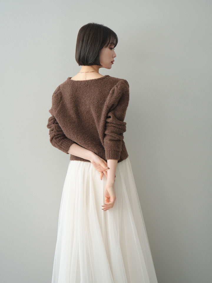 [SET]ゴールドボタンブークレニットカーディガン+チュールボリュームスカート(2set)