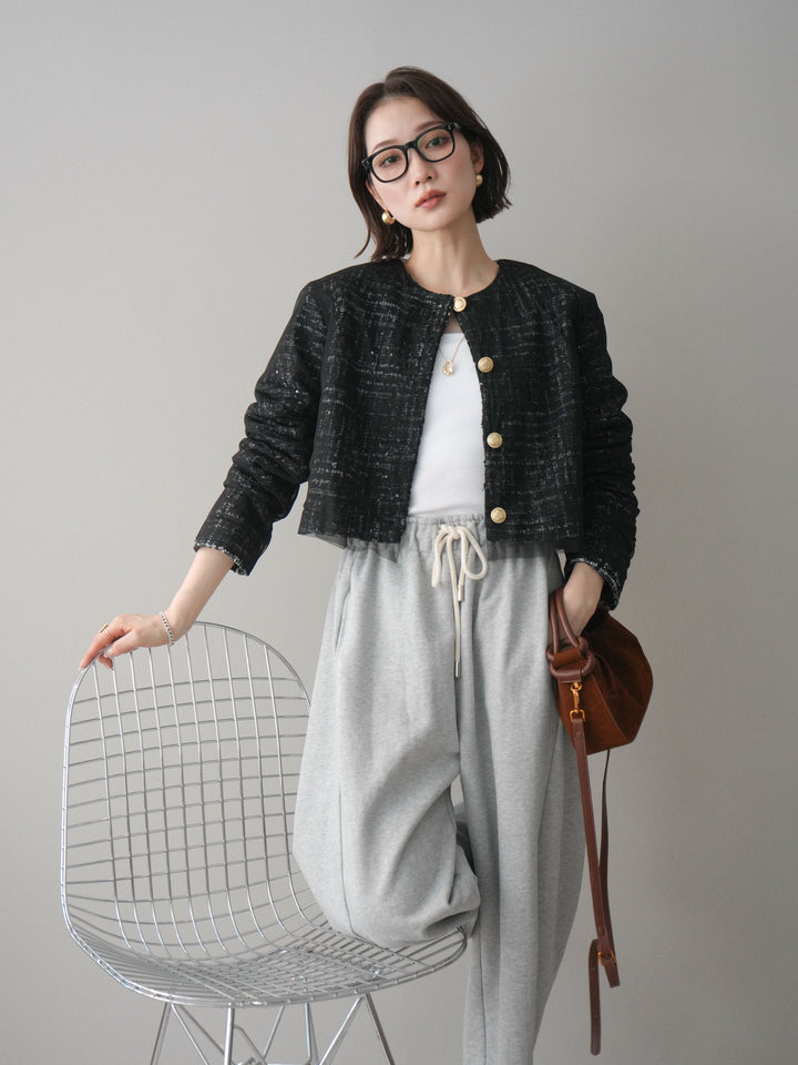 [予約]チュールレイヤードツイードクロップドジャケット/black