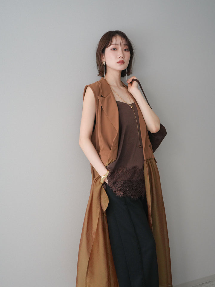 [SET]シアーレイヤードテーラードロングジレ+レーストリムキャミソール+2WAYデザインスウェットパンツ(3set)