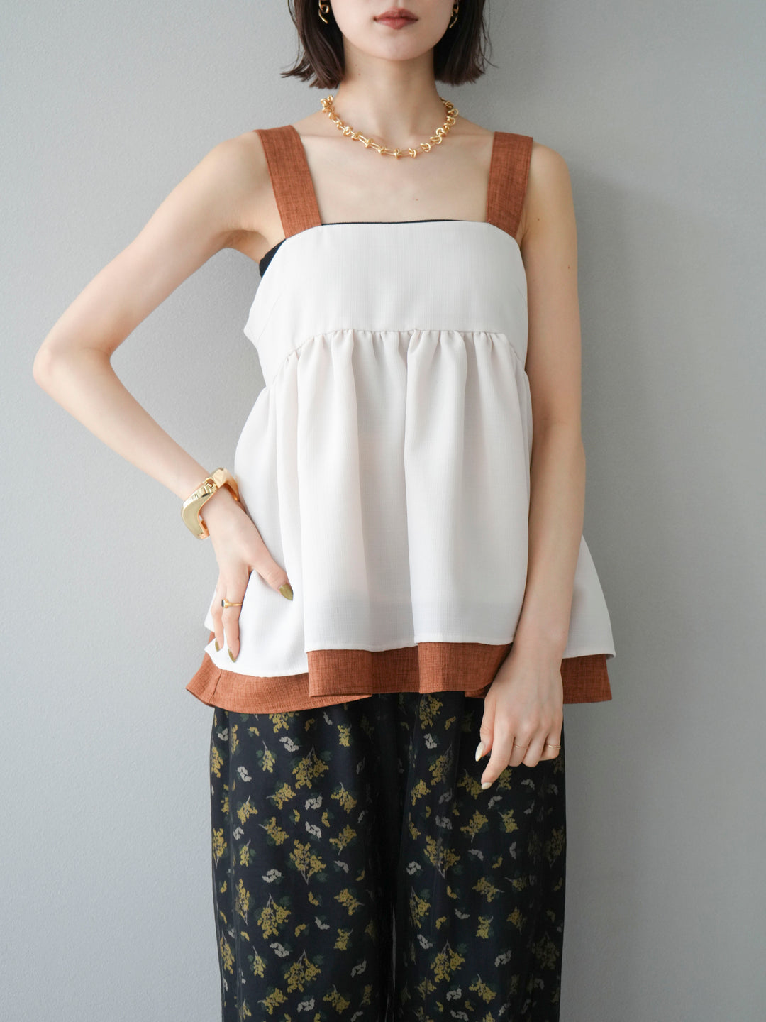 [SET]リネンライク配色フレアタンクトップ+ブーケプリントタックパンツ(2set)
