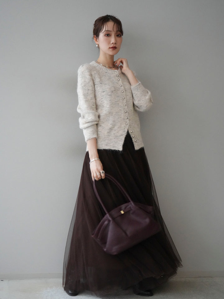 [SET]ブローチ付silverボタンミックスニットカーディガン+チュールボリュームスカート(2set)