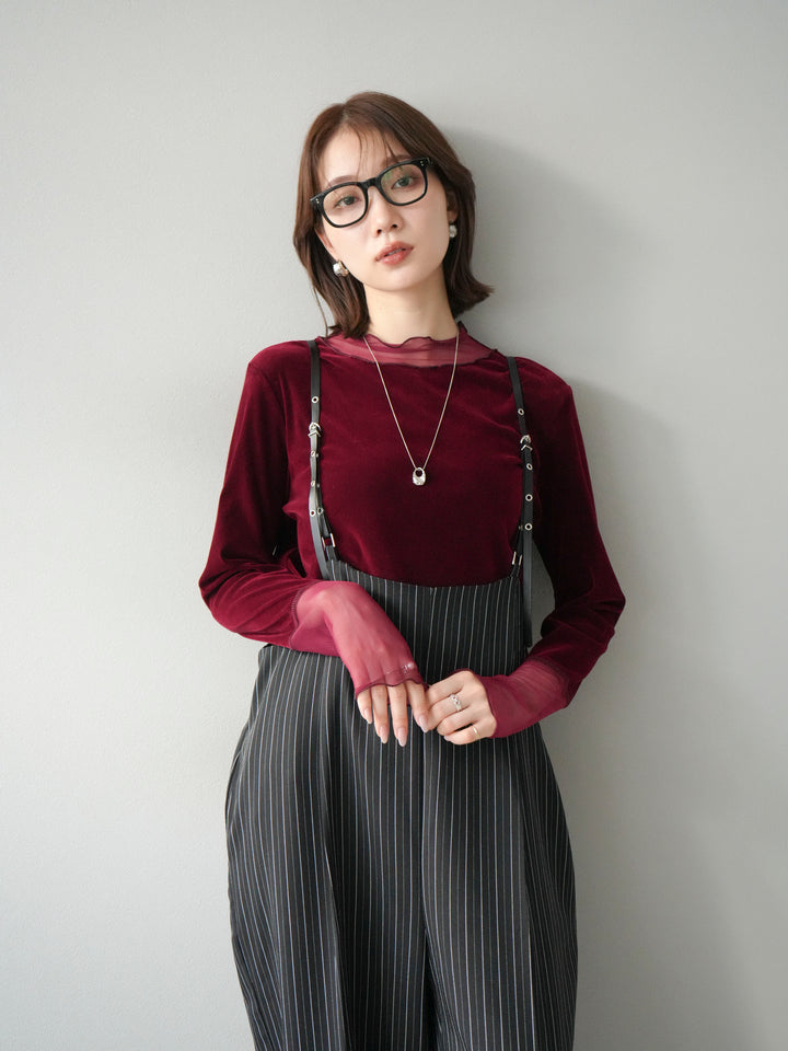 [SET]ヘリンボーンストライプサロペット+シアー切替ベロアトップス(2set)