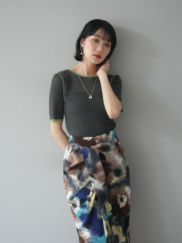 [予約]麻タッチ配色ニットハーフスリーブトップス/チャコール