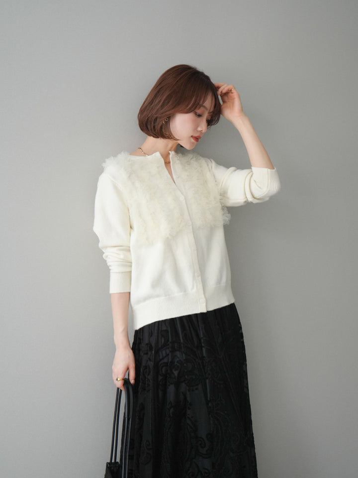 [SET]チュールフリルニットカーディガン+アンティーク柄フロッキーマキシスカート(2set)