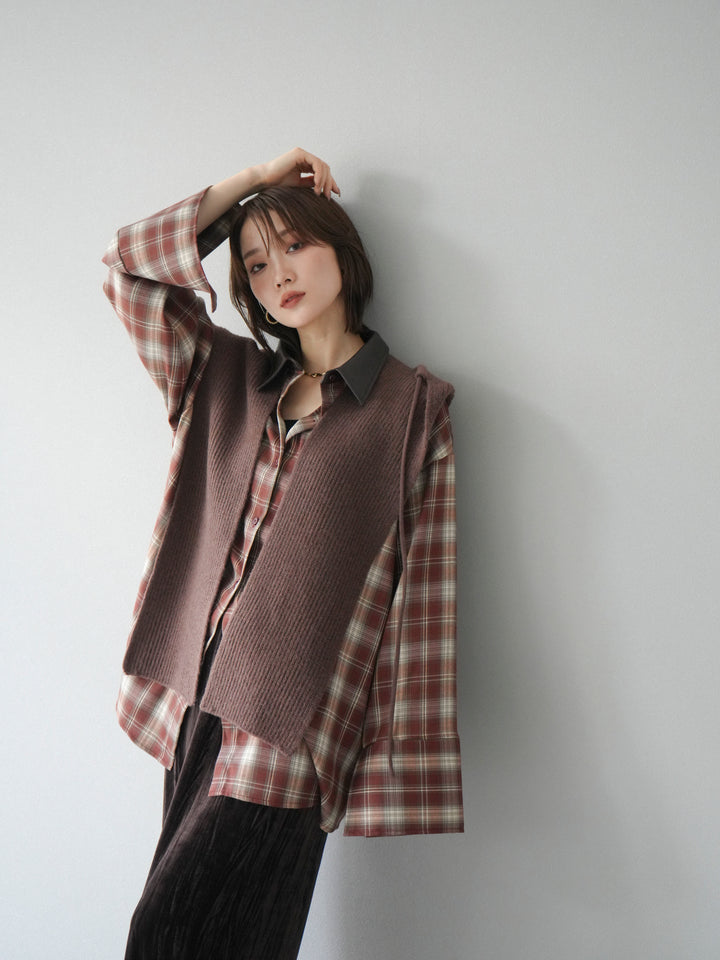 [SET]レザー襟オンブレチェックオーバーシャツ +クラッシュベロアナロースカート(2set)