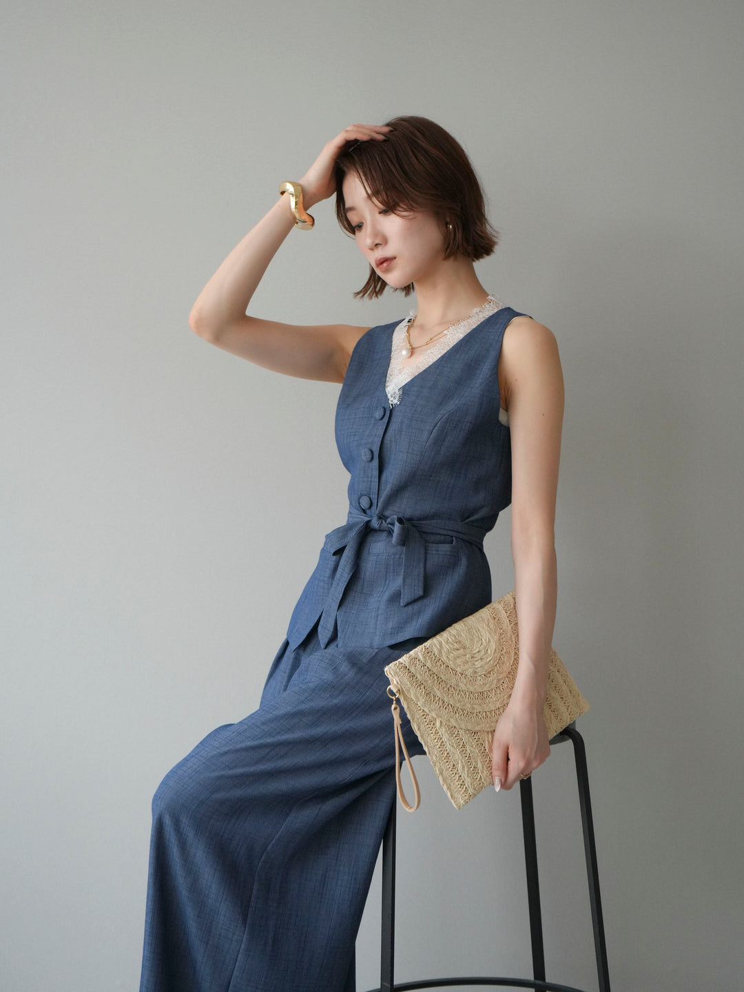 【套裝】蕾絲邊背心和垂褶褲套裝（2 套）