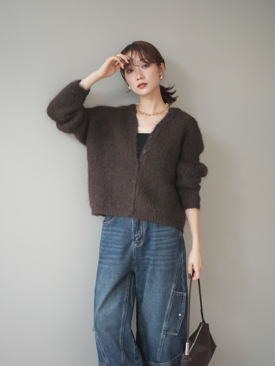 [予約]キーネックシャギーニットカーディガン/brown