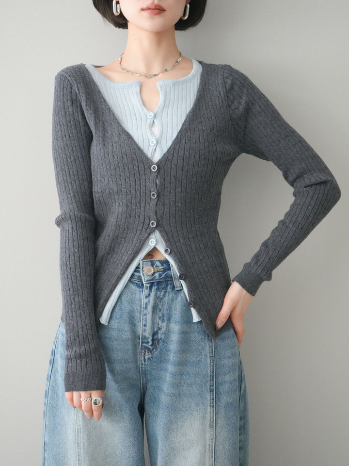 [予約]バイカラーレイヤードニットカーディガン/gray